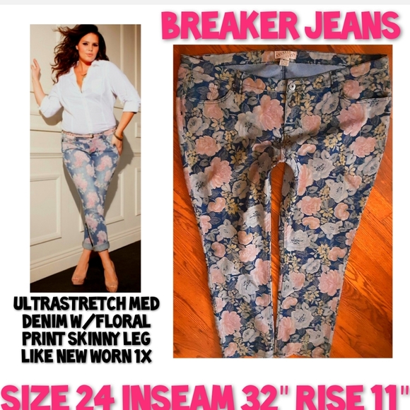 Breaker Jeans Denim - Breaker Jeans Denim Floral Print Skinny Leg Size 24